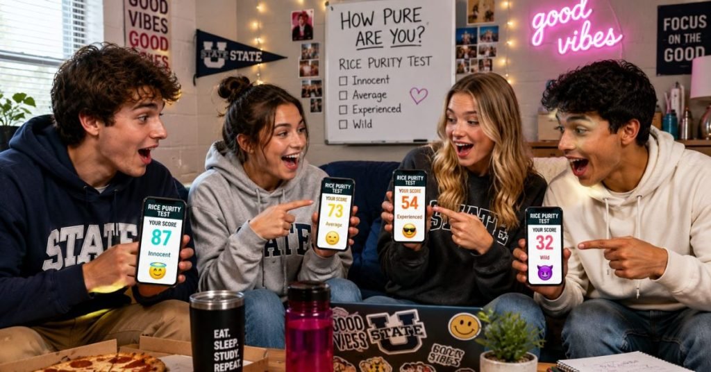 College students in a dorm room comparing Rice Purity Test scores on smartphones with surprised reactions and Gen Z social atmosphere.
