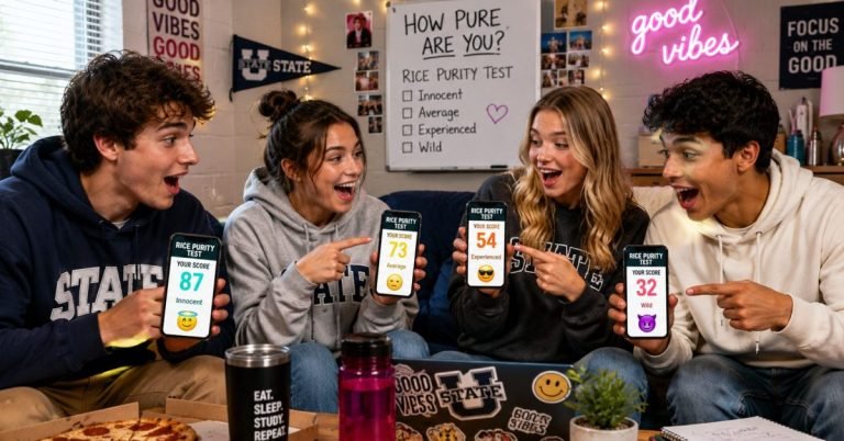 College students in a dorm room comparing Rice Purity Test scores on smartphones with surprised reactions and Gen Z social atmosphere.