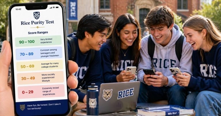 Smartphone displaying Rice Purity Test score ranges while college students compare results together.