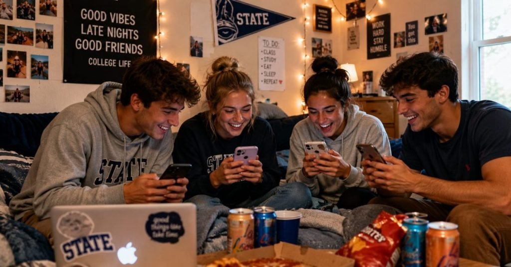 College students comparing Rice Purity Test scores on smartphones while sitting together in a dorm room decorated with lights and posters