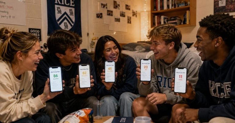 College students comparing Rice Purity Test scores on smartphones inside a dorm room social gathering.